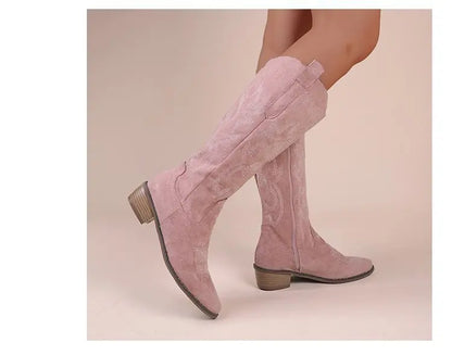 Winter New Coarse Heel Look Thin Tall Long Boots Not Over Knee Embroidered Retro Western Cowboy Boots 2025 New