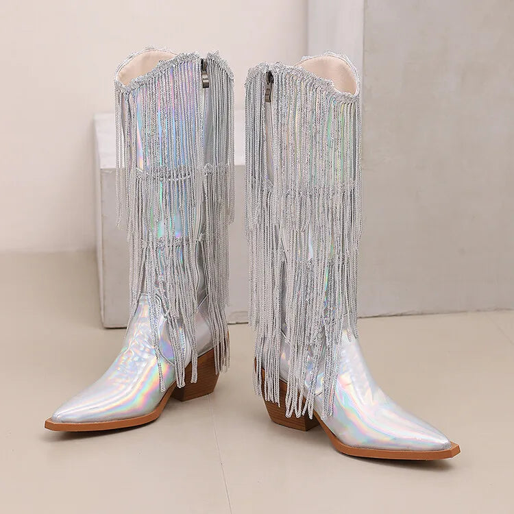 Bottes western à sequins et pompons, noires et argentées, courtes, en peluche, automne/hiver, talon de 6,5 cm, style bohème, hauteur genou, pointures 36 a 46.