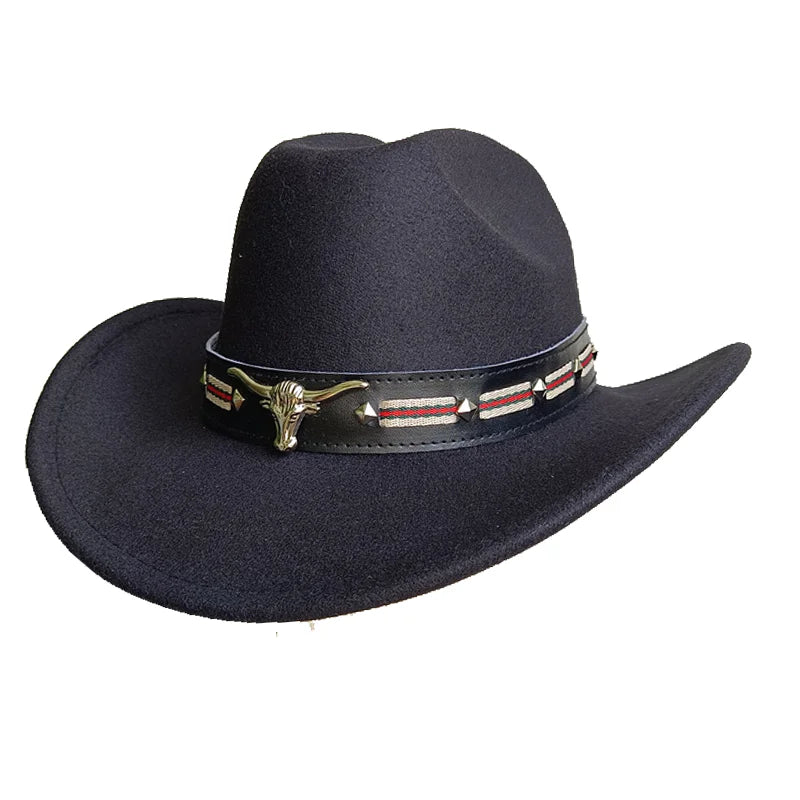 Chapeau de cowboy de style ethnique, tendance, chic, unisexe, couleur unie, avec décoration en forme de taureau, style western