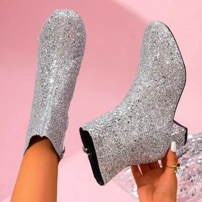 Glitter Fashion Sequins Boots Women Zipper Chunky Heel Women's Boots Round Toe Chunky Heels Ankle Boots Party Shoes for Women