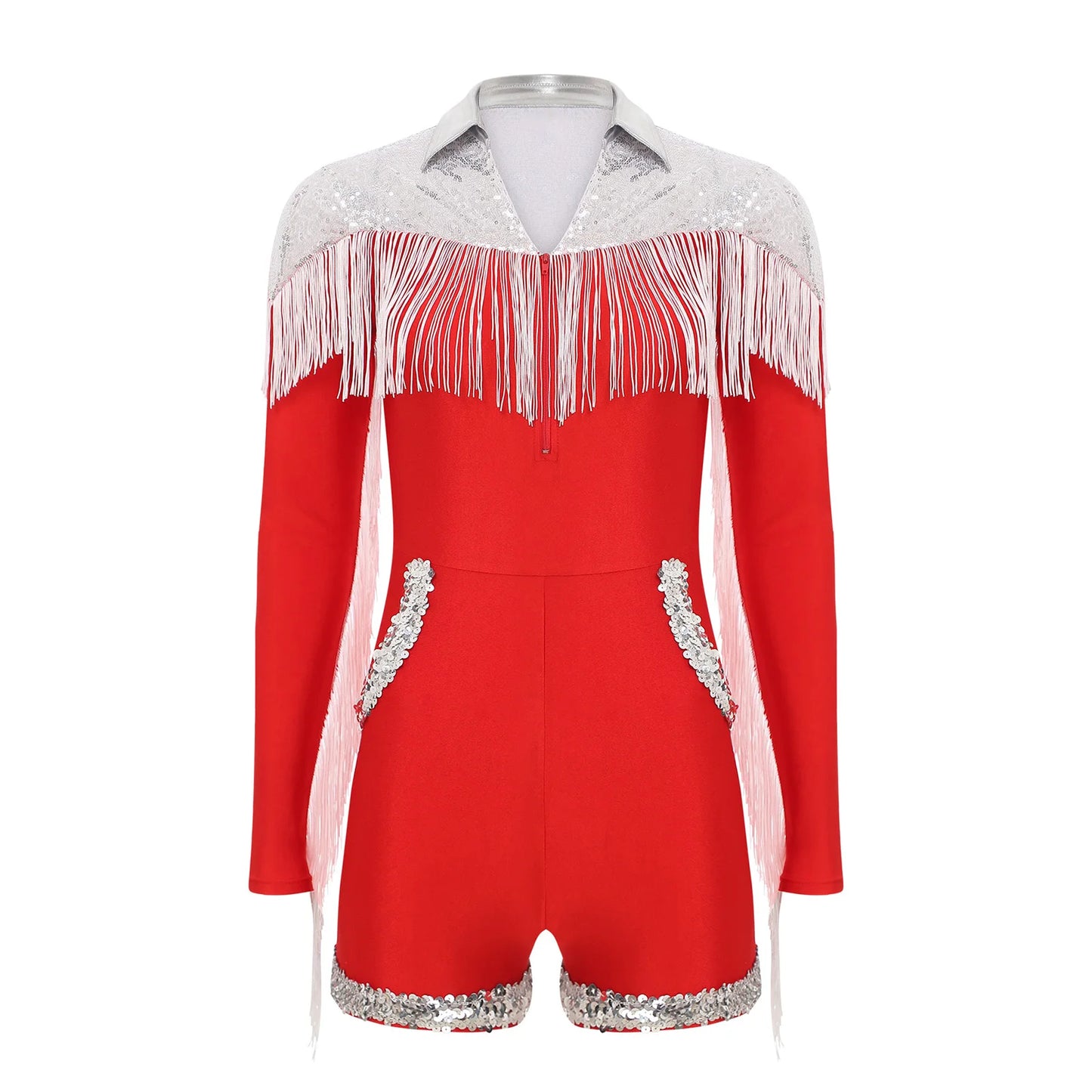 Womens Halloween Western Cowgirl Playsuit Sparkly Cosplay Costume 70s 80s Disco Bodysuit Tassel Fringe Sequins Boyshorts Rompers