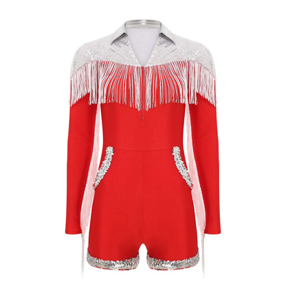 Womens Halloween Western Cowgirl Playsuit Sparkly Cosplay Costume 70s 80s Disco Bodysuit Tassel Fringe Sequins Boyshorts Rompers