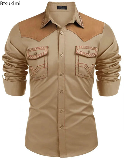 Chemise style cowboy western pour homme, printemps-automne 2025, manches longues, revers, vêtements décontractés et tendance