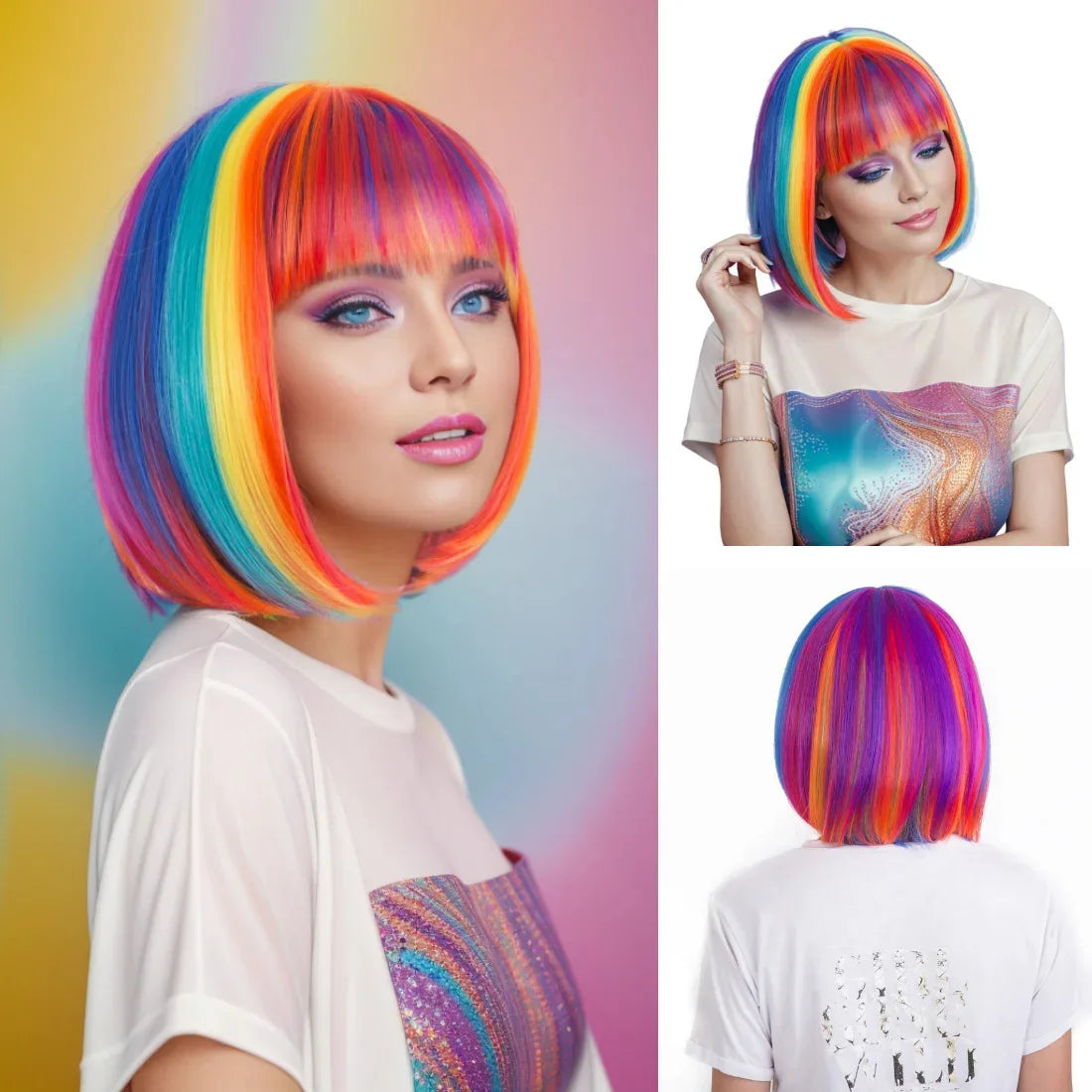 Perruque synthétique multicolore arc-en-ciel pour fêtes quotidiennes, perruque cosplay Halloween, perruque coiffure bob, couvre-chef
