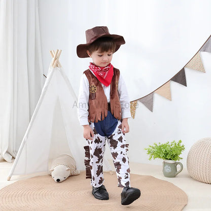 Cowboy Costume for Baby Toddler Kids Child Boys Cowboy Hat Deluxe Set for Kids Purim Halloween Party Dress Up