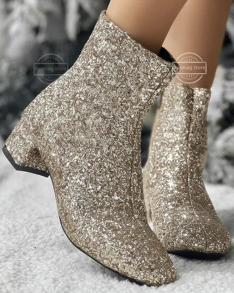 Boots Women Christmas Glitter Zipper Chunky Heel Ankle Boot Sequins Round Toe Chunky Heels Ankle Boots Party Shoes for Women