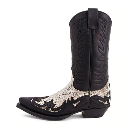 Pointed Toe Embroidered Mid-Calf Boots Snake Print Western Cowboy Men Botines Color-Blocked Slip-On Chelsea Cool Botas Femininas