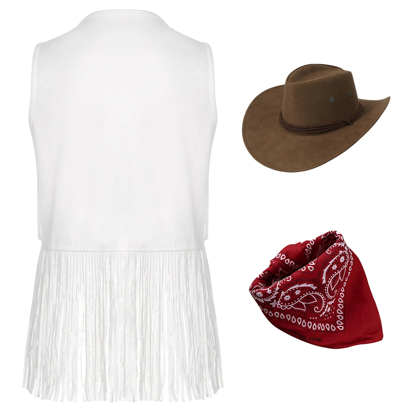 Gilet de cowboy pour femme, costume de cosplay, en faux daim, avec pompons et rivets, pour Halloween, avec bandana