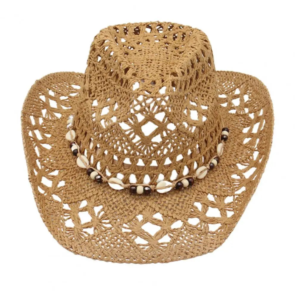 Chapeau de cowboy en paille pour hommes et femmes, chapeau de cow-girl occidental avec bord façonnable, chapeau de paille rétro tissé ajouré, chapeaux de soleil côtiers de plage