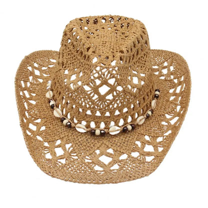 Chapeau de cowboy en paille pour hommes et femmes, chapeau de cow-girl occidental avec bord façonnable, chapeau de paille rétro tissé ajouré, chapeaux de soleil côtiers de plage