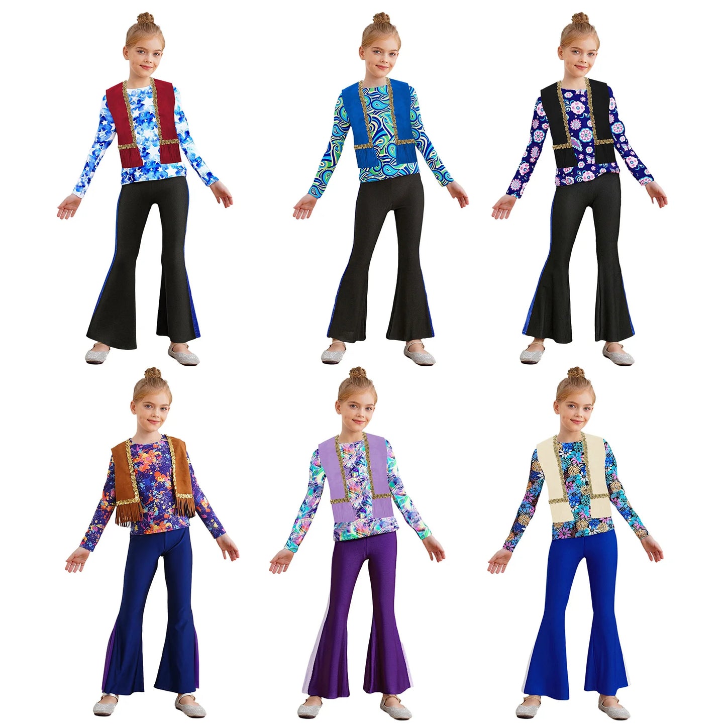 Girls Halloween Disco Hippie Western Cowgirl Carnival Cosplay Costume Printed Shirt Tops with Tassels Vest And Flared Pants Set