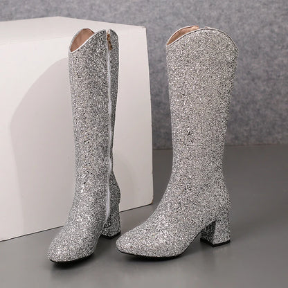 Grainy Sequin Women's Tall Boots Bling Sung Fit Knee High Boots 6.5cm Heels Comfy 2024 Winter Shoes