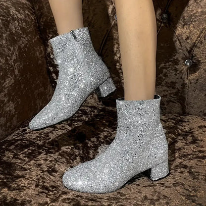 Women Ankle Boots Luxury Outdoor Designer Shoes Sequins Round Toe Party Shoes for Women Glitter Zipper Chunky Heel Boots Women