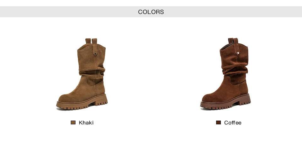 BEAUTODAY Ruched Western Boots Women Cow Suede Leather Rivet Decoration Round Toe Solid Color Autumn Winter Shoes Handmade 06304