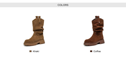 BEAUTODAY Ruched Western Boots Women Cow Suede Leather Rivet Decoration Round Toe Solid Color Autumn Winter Shoes Handmade 06304