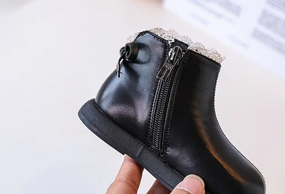 2024 New Autumn Children Boots Leather Girls Ankle Boots  Lace Butterfly-knot  Rubber Sole Fashion Toddler Kids Boots EU 21-30