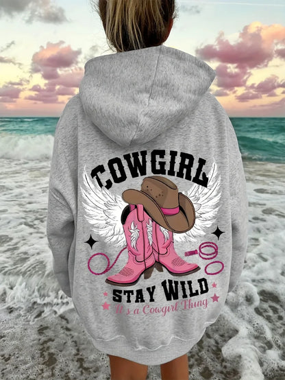 Western Chic Cowgirl Hoodie Soft Stretch Long Sleeve Pullover Sweatshirt with Hood Embroidered Cowboy Hat and Boots