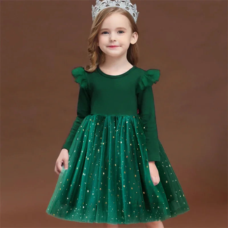 Green Christmas Dress for Kids Girls Autumn Long Sleeves Princess Dresses Children Winter Birthday Party New Year Costume 3-8Yrs