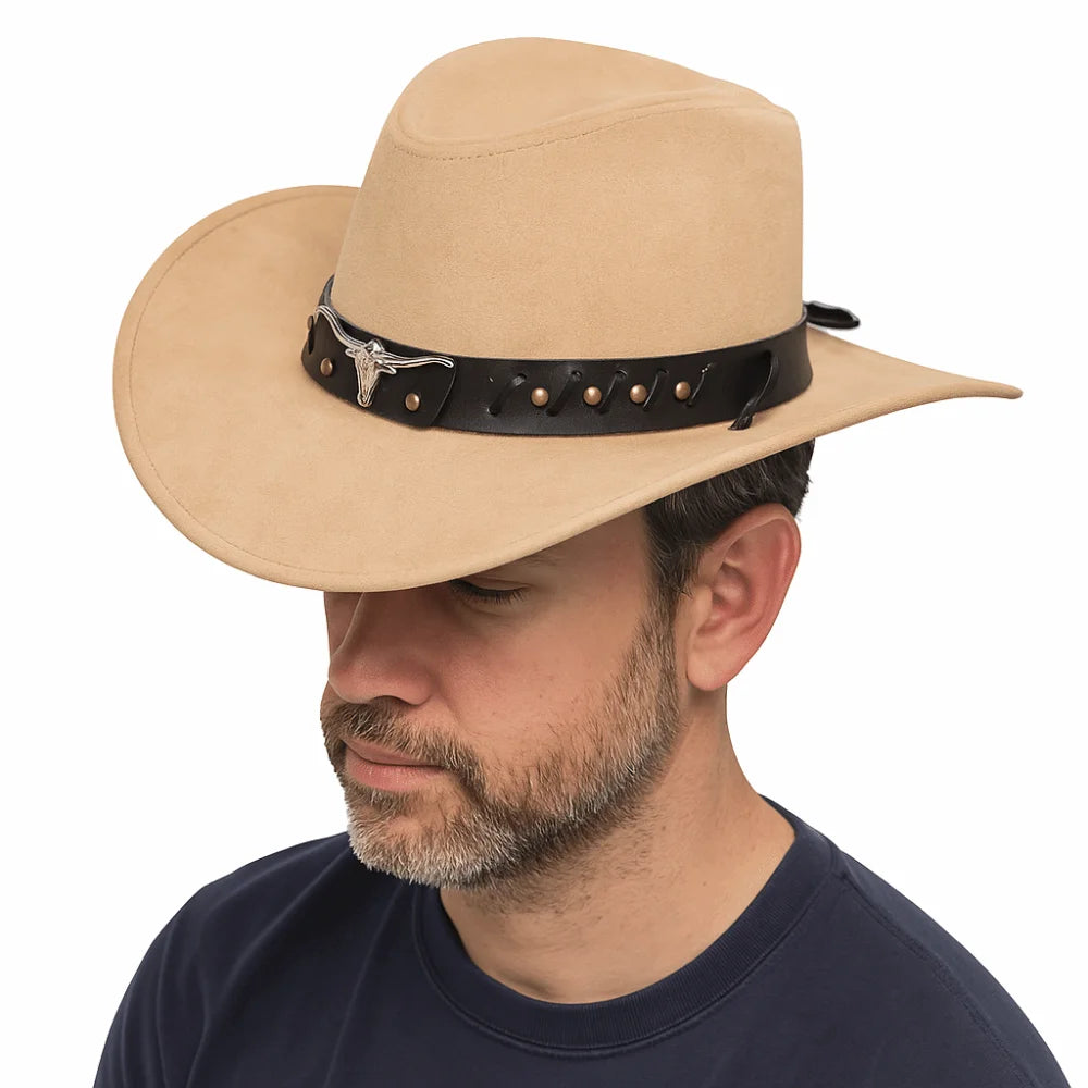 Chapeau de Cowboy occidental de Style ethnique Vintage, tête de vache à bord en rouleau, chapeau de Jazz en Polyester à large bord, chapeau de chevalier Cosplay