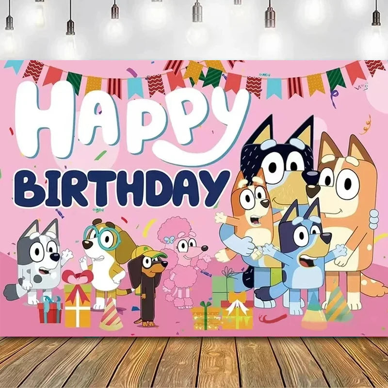 Bluey Moose Birthday Background Banner Anime Bluey Bingo Family 210x180cm Children's Birthday Party Decoration Background Cloth