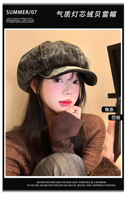 Bérets en velours côtelé rétro brodés avec lettres mignonnes pour femmes, petit chapeau de peintre littéraire polyvalent et décontracté pour printemps et automne