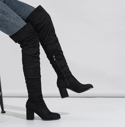 Liyke 2025 Autumn Winter Black Brown Over The Knee Boots Women Sexy Pointed Toe Zip Thigh High Shoes Square Heels Booties Femme