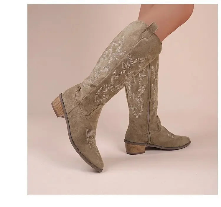 Winter New Coarse Heel Look Thin Tall Long Boots Not Over Knee Embroidered Retro Western Cowboy Boots 2025 New