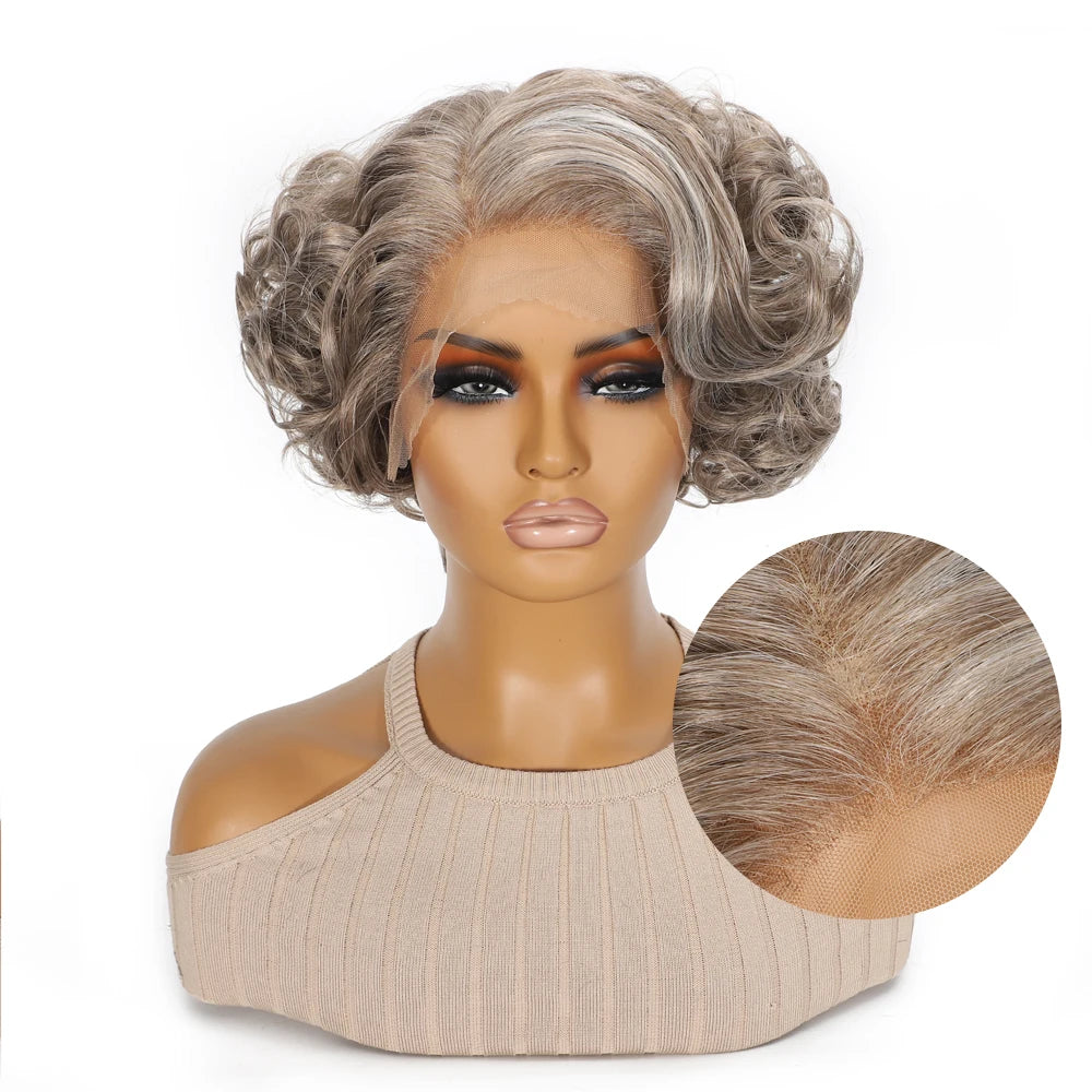 10 Inch Short Curly Wavy Blonde Black Grey Synthetic Wig for Women Natural Look T-Part Lace Front Hair Replacement