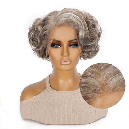 10 Inch Short Curly Wavy Blonde Black Grey Synthetic Wig for Women Natural Look T-Part Lace Front Hair Replacement