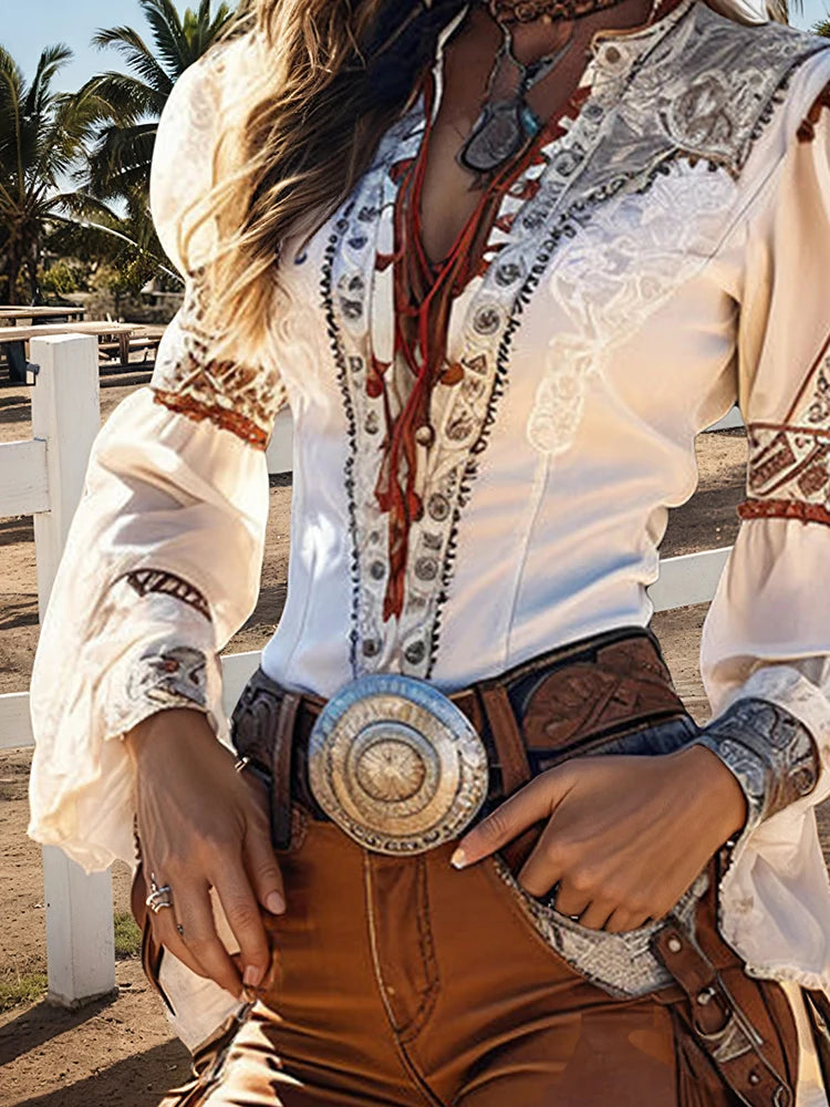 Vintage Western Cowgirl Blouse For Women Lace-up Deep V-Neck Ethnic Retro Flare Long Sleeve Shirts Lace Splicing Elegant Blouses