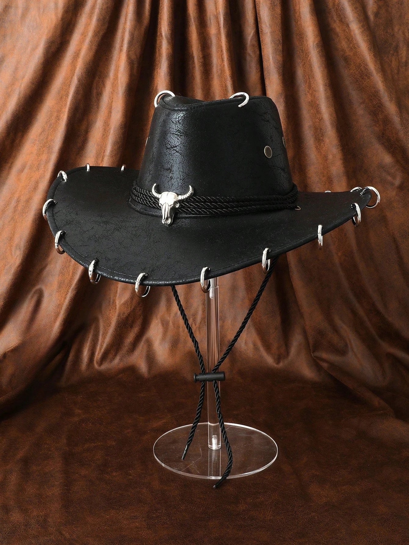 HongLuan – chapeau de Cowboy noir réglable en cuir PU pour hommes et femmes, mode occidentale de voyage, Cowgirl avec Badge Bullhead, chapeaux d'extérieur pour femmes