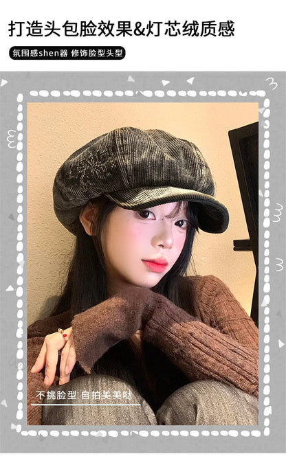 Bérets en velours côtelé rétro brodés avec lettres mignonnes pour femmes, petit chapeau de peintre littéraire polyvalent et décontracté pour printemps et automne