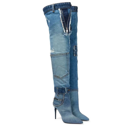 Bottes de cow-girl au dessus du genou en denim délavé pour femmes, chaussures chic à talon aiguille épicé Y2K et bout pointu avec poches épissées, 2024