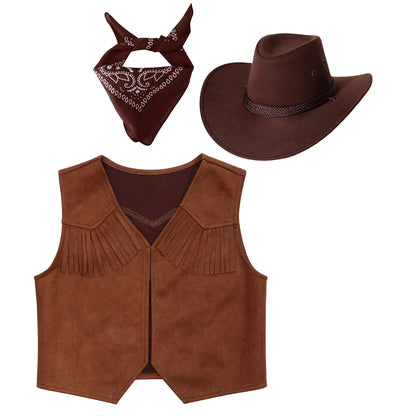 Costume de cow-boy et de cow-girl du Far West, déguisement d'Halloween, gilet sans manches à franges avec bandana et chapeau