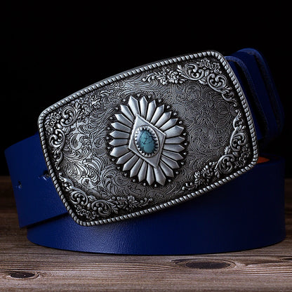 Ceinture classique en cuir véritable avec boucle en émail saphir et motif floral sculpté en argent pour femmes et hommes, cadeau