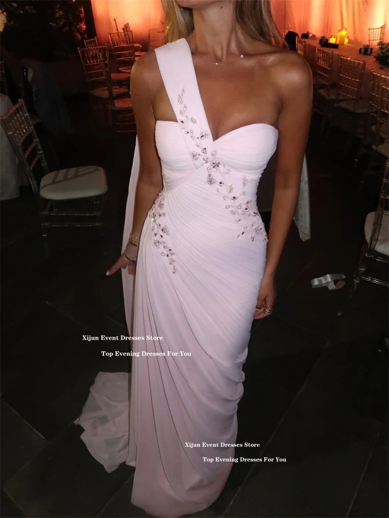Xijun Pink Chiffon Mermaid Evening Dresses Sweetheart One Shoulder Pleated Prom Dresses Saudi Arabric Formal Prom Gowns Customiz
