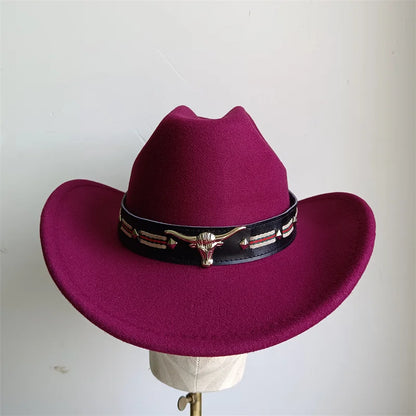 Chapeau de cowboy de style ethnique, tendance, chic, unisexe, couleur unie, avec décoration en forme de taureau, style western