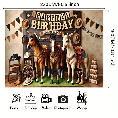 1 "Happy Birthday West" themed background banner - polyester, cowboy and horse print with rustic wood design