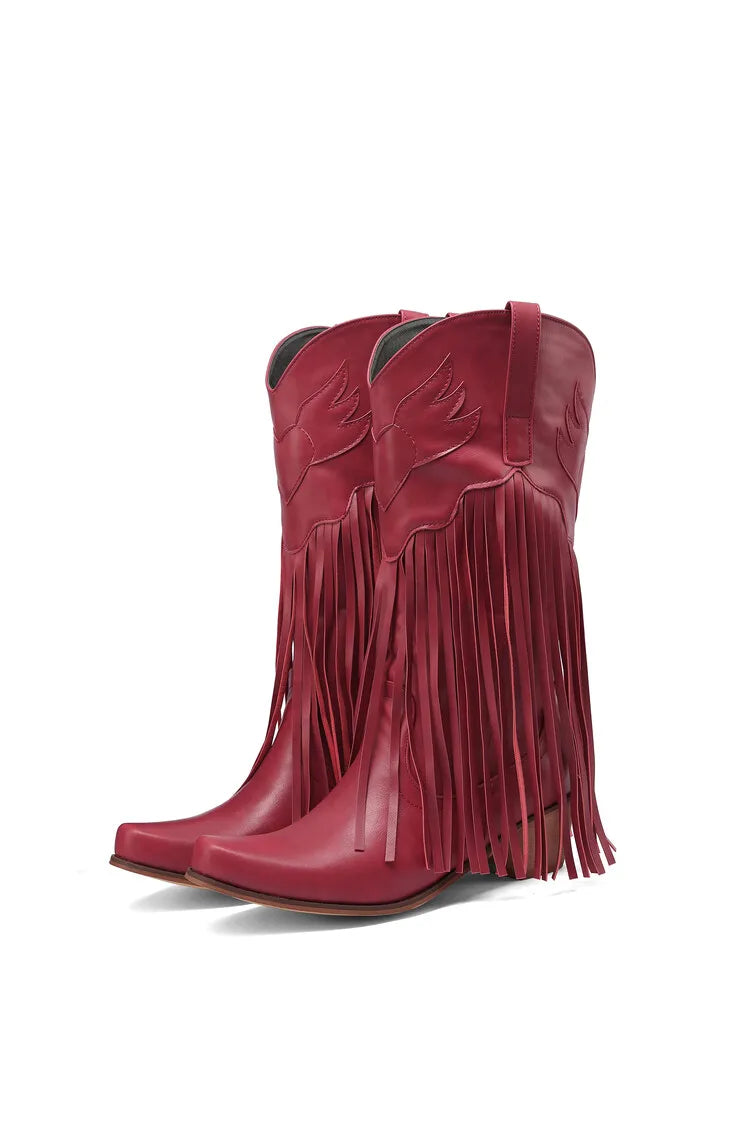 Nouvelles bottes de cowboy rétro ethniques pour femmes avec pompon à talon moyen, chaussures d'hiver pour femmes