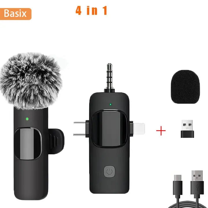 Basix professionnel 4in1 Microphone Lavalier sans fil pour iPhone Android 3.5mm pour l'enregistrement en direct suppression du bruit Mini microphon