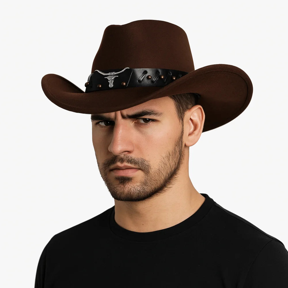 Chapeau de Cowboy occidental de Style ethnique Vintage, tête de vache à bord en rouleau, chapeau de Jazz en Polyester à large bord, chapeau de chevalier Cosplay