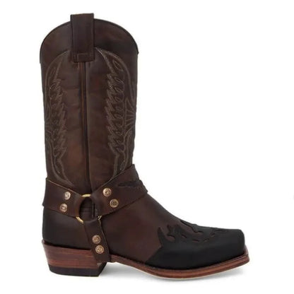 2025 Luxury Foreign Trade New Men's Square Head European and American Embroidery Men's Leather Knight Boots Low Heel Men's Shoes