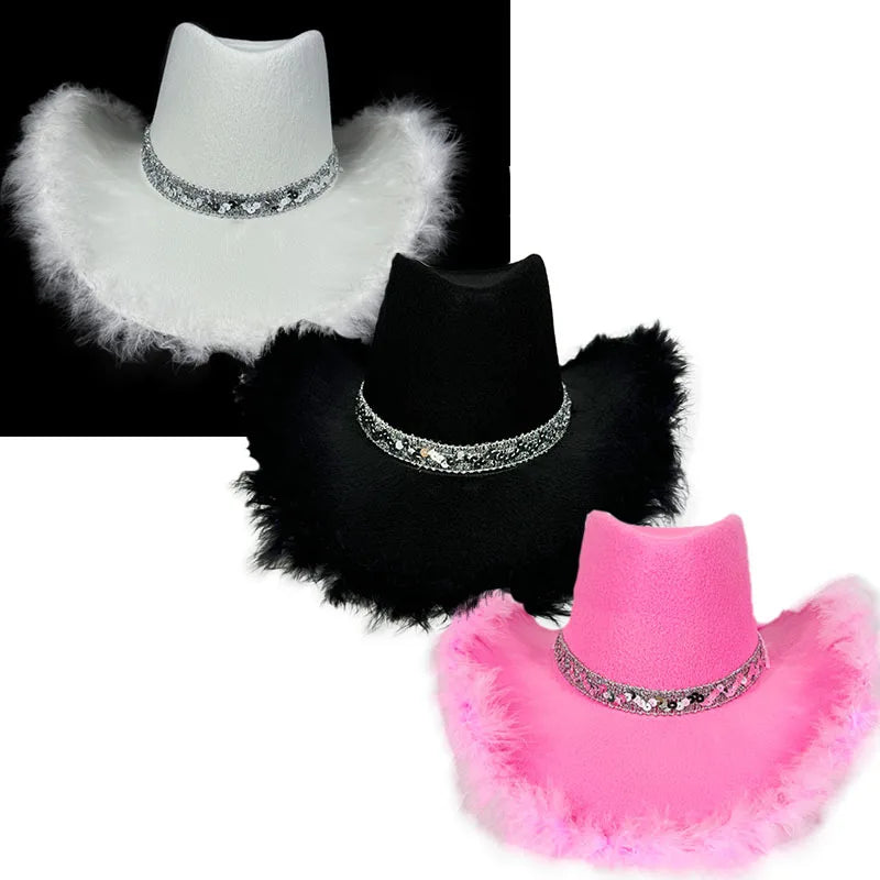 Pink Fur Brim Crown Cowboy Hat For Women'S Wide Brim Cowgirl Hat Bachelorette Party Carnival Western Headwear Cosplays Prop Caps