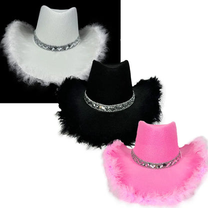 Pink Fur Brim Crown Cowboy Hat For Women'S Wide Brim Cowgirl Hat Bachelorette Party Carnival Western Headwear Cosplays Prop Caps
