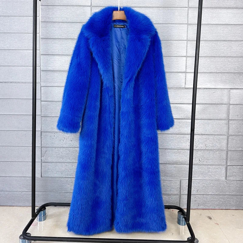 Manteau long en fausse fourrure pour femme, automne-hiver, grande veste, pardessus blanc, col rabattu, poches, épais, chaud, maxi manteaux