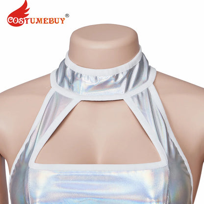 Austin Powers Elizabeth Hurley Cosplay Costume Sexy Femme Vanessa Kensington Argent Bretelles Dos Nu Slim Mini Robe pour Halloween