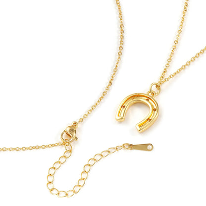 1 Piece Stylish West Cowboy 18K Real Gold Plated Brass Link Cable Chain Luck Horseshoe Pendant Charm Necklace For Women Gift