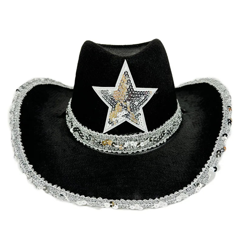 Pink Cowboy Hat For Women Girls Wide Brim Western Hat Glitter Crown Sequin Cap Performance Costume Cowgirl Hat For Wedding Party
