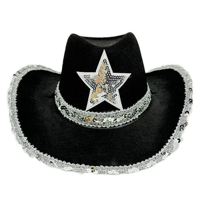 Pink Cowboy Hat For Women Girls Wide Brim Western Hat Glitter Crown Sequin Cap Performance Costume Cowgirl Hat For Wedding Party