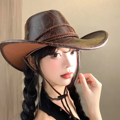 Chapeau de Cowboy occidental de Style ethnique Vintage, chapeau de chevalier en Polyester à bord roulé, chapeau de Jazz de Cowgirl noir/marron, Cosplay